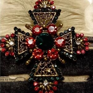 Large Elegant Multicolor Beaded Cross Brooch Pendant Metal Bast